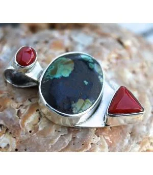 Pendentif ethnique argent turquoise corail