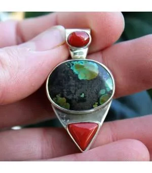Pendentif ethnique argent turquoise corail