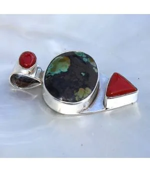 Pendentif ethnique argent turquoise corail
