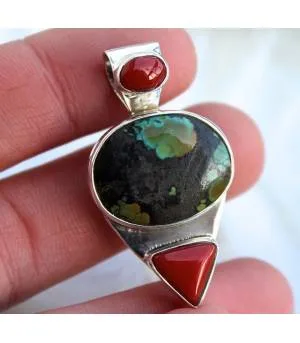 Pendentif ethnique argent turquoise corail