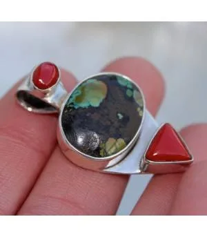 Pendentif ethnique argent turquoise corail