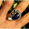 Bague argent oxydé bijoux ethnique pierre de lune et lapis lazuli shantilight