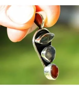 Pendentif tribal argent 925 oxydé trio de pierres labradorite et goutte cornaline