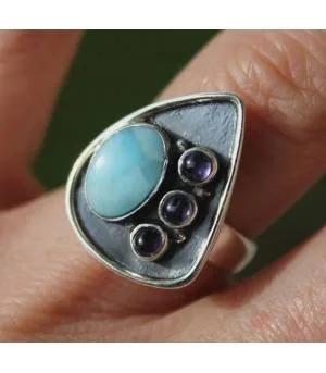 Bague argent pierres larimar et améthyste