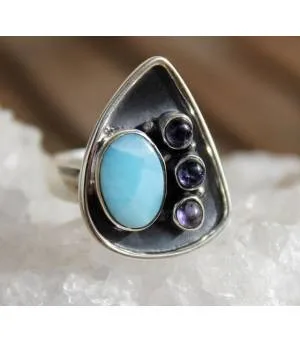 Bijoux ethnique bague argent pierre naturelle larimar améthyste