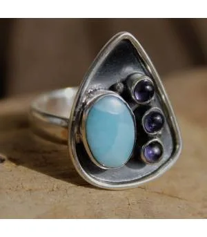 Bague argent pierres larimar et améthyste