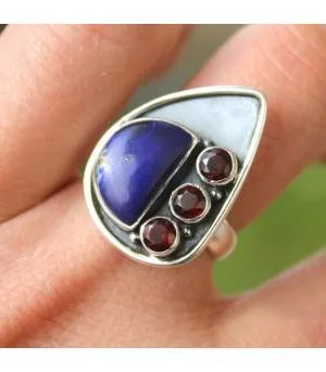 Bague argent pierres naturelles lapis lazuli et grenat