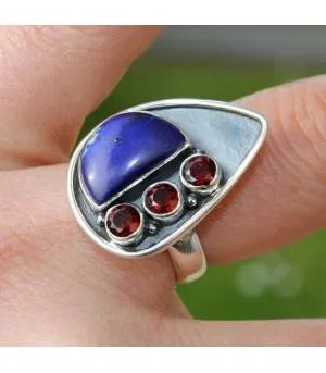 Bague argent pierres naturelles lapis lazuli et grenat