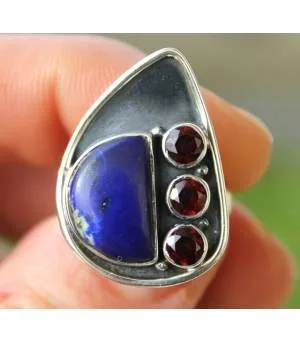 Bague argent pierres naturelles lapis lazuli et grenat
