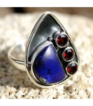 Bague argent pierres naturelles lapis lazuli et grenat