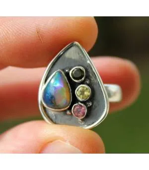 Bague argent pierres naturelles opale  citrine tourmaline