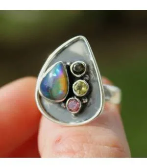 Bague argent pierres naturelles opale  citrine tourmaline