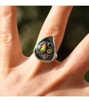 Bague argent pierres naturelles opale  citrine tourmaline