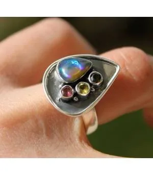 Bague argent pierres naturelles opale  citrine tourmaline