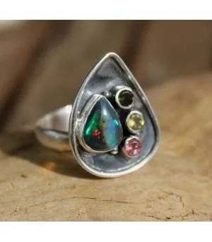 Bague argent pierres naturelles opale  citrine tourmaline