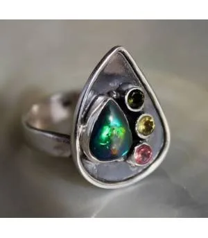 Bague argent pierres naturelles opale  citrine tourmaline