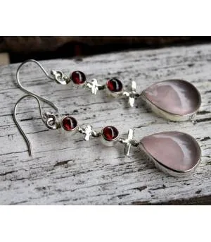 Boucles d'oreilles ethniques triptik bijoux argent grenat quartz rose shantilight