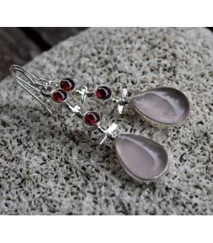 Boucles d'oreilles ethniques triptik bijoux argent grenat quartz rose shantilight