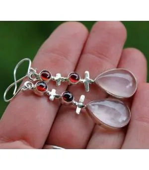 Boucles d'oreilles ethniques triptik bijoux argent grenat quartz rose shantilight