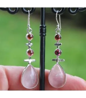 Boucles d'oreilles ethniques triptik bijoux argent grenat quartz rose shantilight