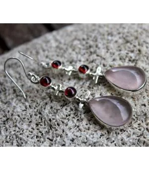 Boucles d'oreilles ethniques triptik bijoux argent grenat quartz rose shantilight