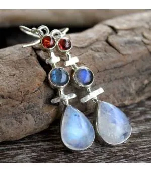 Boucles d'oreilles argent grenat labradorite pierre de lune shantilight