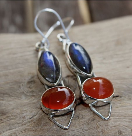 Boucles d'oreilles ethniques bijoux argent labradorite cornaline Shantilight