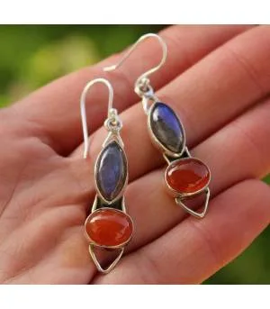 Boucles d'oreilles ethniques bijoux argent labradorite cornaline Shantilight