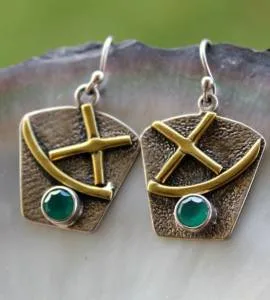 Boucles d'oreilles textures laiton argent 925 pierres aventurines facettées