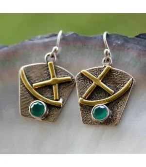 Boucles d'oreilles textures laiton argent 925 pierres aventurines facettées