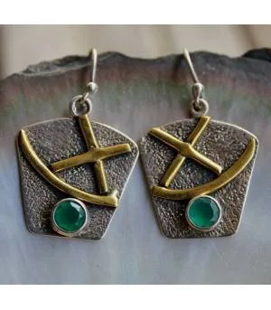 Boucles d'oreilles textures laiton argent 925 pierres aventurines facettées