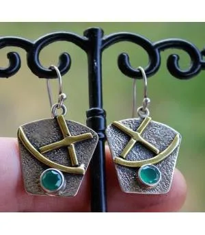 Boucles d'oreilles textures laiton argent 925 pierres aventurines facettées