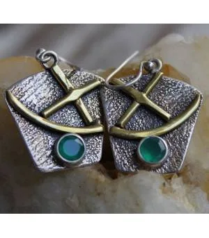 Boucles d'oreilles textures laiton argent 925 pierres aventurines facettées