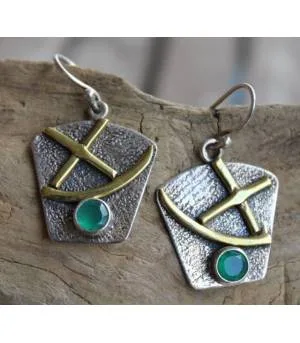 Boucles d'oreilles textures laiton argent 925 pierres aventurines facettées