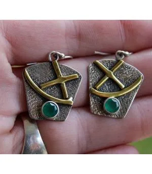 Boucles d'oreilles textures laiton argent 925 pierres aventurines facettées