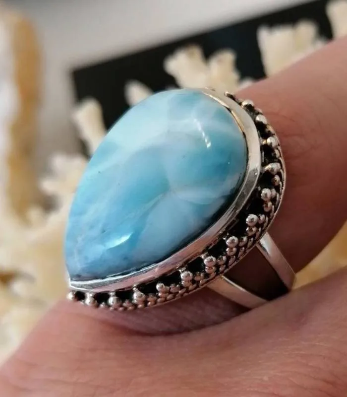 Bague argent ethnique pierre Larimar