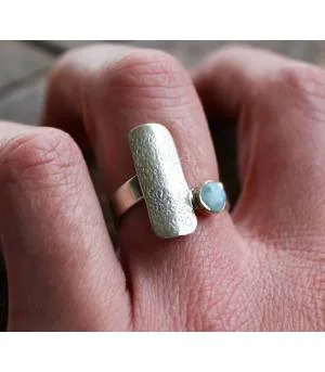 Bague argent ajustable plaque texturée pierre naturelle Larimar