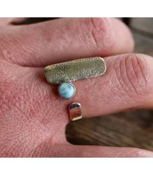 Bague argent ajustable plaque texturée pierre naturelle Larimar