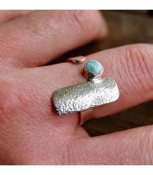 Bague argent ajustable plaque texturée pierre naturelle Larimar