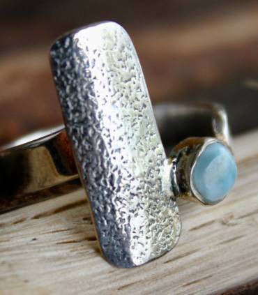Bague argent ajustable plaque texturée pierre naturelle Larimar