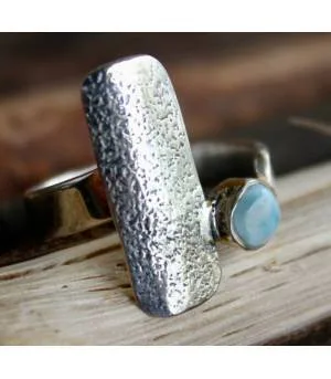 Bague argent ajustable plaque texturée pierre naturelle Larimar