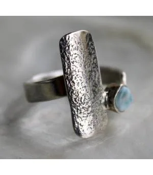 Bague argent ajustable plaque texturée pierre naturelle Larimar