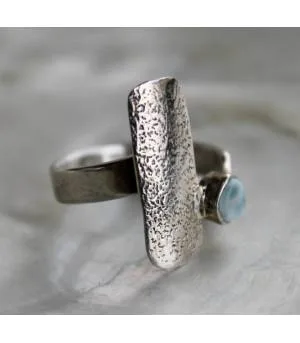 Bague argent ajustable plaque texturée pierre naturelle Larimar