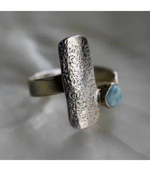 Bague argent ajustable plaque texturée pierre naturelle Larimar