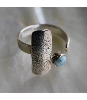 Bague argent ajustable plaque texturée pierre naturelle Larimar