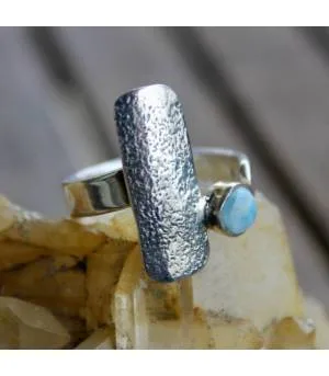 Bague argent ajustable plaque texturée pierre naturelle Larimar