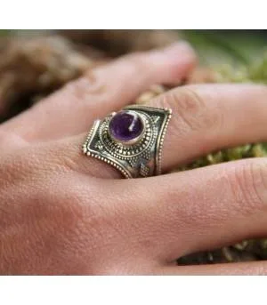 Bague ethnique bijoux argent oxydé tribal Améthyste Shantilight