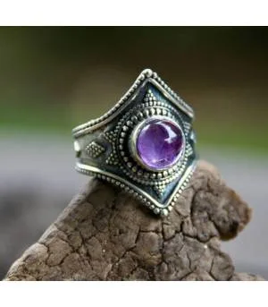 Bague ethnique bijoux argent oxydé tribal Améthyste Shantilight