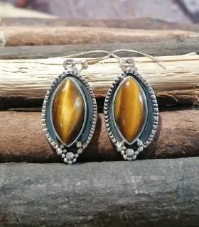 Boucles d'oreilles argent bijoux ethnique pierres naturelles oeil de tigre