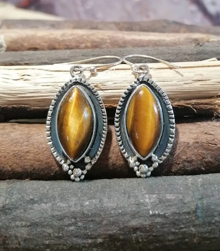 Boucles d'oreilles argent bijoux ethnique pierres naturelles oeil de tigre